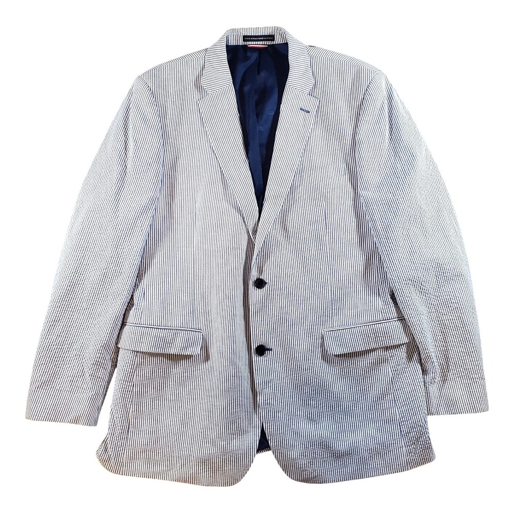 Tommy Hilfiger Mens 44L Seersucker Blazer Blue White Striped Sport Coat Jacket